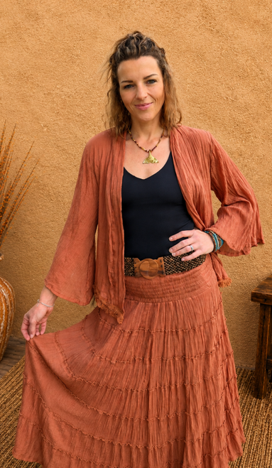 Gypsy Jacket Tan

Soft lightweight crinkle cotton
Relaxed open-front styling
Flowing bell sleeves
Fringe trim detail
Easy layering piece
Beautiful colourway

Perfect for layering over dresses, skirts and casual outfits for an effortless boho look.