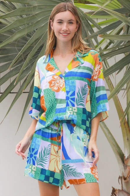 Salty Palm Short Ingrid
Wide elastic waistline with drawstring
Side pockets

100% Rayon 

The placement of the pattern may vary from style to style, making each piece unique.

Breathable Fabric, soft and comfortable
Strong and extremely absorbent.
Soft and comfortable.
Drapes well and does not have a problem with static.
Made in a variety of qualities and weights and can be made to resemble natural fabrics.
Can wrinkle easily.
Shrink by 5-10% after wash.
Cut oversize to allow for shrinkage (After shrinkage, the garments fall into the appropriate size ranges)

Hand washing is best for washable rayon garments.
It may shrink, stretch, and possibly bleed dyes all over from being washed in hot water in a washing machine or dried in a dryer
Rayon does not melt but burns at high temperatures.
Most of the washable rayon garments today are labeled "hand wash, cool water, drip dry or dry flat". This is important to follow because when rayon is wet, it loses 30% to 50% of its strength.