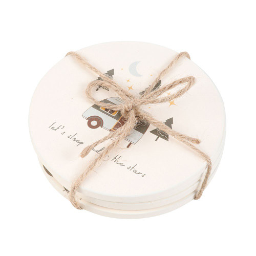 Coasters On The Road Set 4
Create a warm and inviting atmosphere with this delightful camping coaster set, perfect for a tranquil evening under the stars. The set includes four coasters adorned with charming designs, such as a quaint caravan and a kettle steaming away, capturing the essence of a cozy camping experience. This product is part of our 'Home on the Road' range, offering a unique collection of camping-themed gifts and home decor.

Product Size: Height: 2.7cm, Width: 9cm, Depth: 9cm