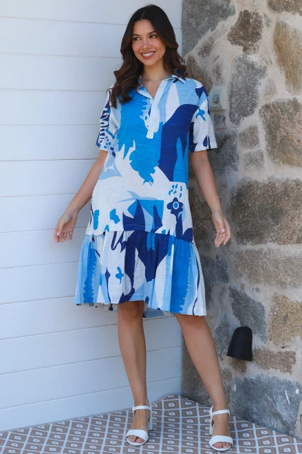 Charlotte CHC Dress Blue
Button up at breast with collar
Low frill layer at hemline
100% Cotton

Please Note: The placement of the pattern may vary from style to style, making each piece unique.

Breathable Fabric, soft and comfortable
Strong and extremely absorbent.
Soft and comfortable.
Drapes well and does not have a problem with static.

Can wrinkle easily.

