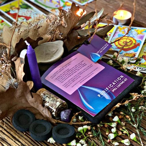 Ritual Kit Purification
Our Spell Casting Bundles are complete ritual kits that include an ancient blend of resins, herbs and oils that are recommended to be burned alongside the incantation provided. This purification spell has been created with the intention of removing negative or unwanted energies. It is especially useful when:

Moving into a new house
There has been a negative occurrence within your space
You want to attract or restore positive energy
You sense an unwelcome energy, being or ghost
Your surroundings feel heavy, dark and lethargic 

In fact, it is wonderful to do a purification ritual regularly to clear your surrounding space of all negativity and to restore the natural positive energy flow within your space.

Each bundle is sold in a beautiful black hessian bag with organza window which allows the customer to see all contents. Included are: magical resin blend in glass, flat bottom test tube with cork, 3x charcoal discs in kraft paper pillow box, handling tongs, ceramic resin pentagram burner, amethyst tumbled stone, wish candle and instructions