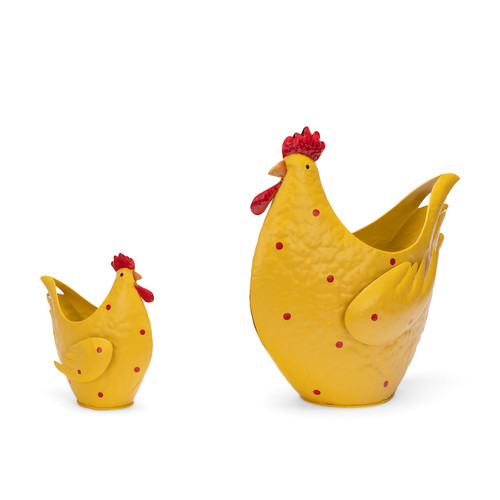 Chicken Planter Yellow Set 2

Set of 2 
15x8x16cm 
27.5x13x30cm 
Powder coated metal finish.