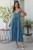 Charlotte Strap Dress Denim
2 side pockets
V neckline 
button up from waist
Large layered bodice
70% cotton
30% linen
