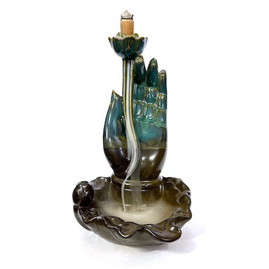 BACKFLOW BURNER LOTUS IN HAND 
Ceramic GREEN/BLACK
Approx 18x10cm