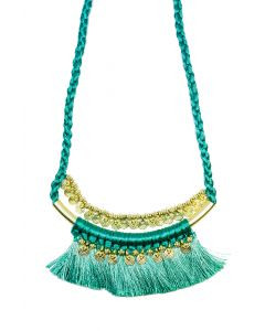 BOHO NECKLACE TEAL 

Beautiful necklace that sits high on the chest 
Tassels and brass fittings