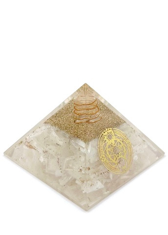 Orgonite Pyramid Selenite
Assort Gold embossed symbol.
Check our crystal page for Selenite healing properties.
ORGONITE refers to a mix of crystals and or semi-precious gemstones, metals and resin in a combination that may balance out our life-energy. This natural Earth energy is considered the most powerful energy there is and the frequency it resonates is considered the “heartbeat” of our planet.

The organic materials absorb the vital, orgonic energy, while the non-organic materials disperse it back in all directions.

Crystals & precious gemstones are electrically charged by the resin, that contracts them. Hence, the powerful healing effects of the crystals are magnified in an orgone pyramid.

Benefits of Orgone Pyramids:

When placed in your work, living or sleeping space, the orgone pyramids have the ability to clean the energies in the room & protect the individuals from EMF radiation. Laboratory research shows that living body cells strengthen their immunity & reach optimal physical & psychological health.

This includes:

Help insomnia & improve sleep & vivid & pleasant dreams

Improves immunity & resistance to illness, enhances energy & overall wellness

Protection from EMF radiation caused by electronic devices

Create a peaceful environment by enhancing positive energies

Access deeper meditative states, strengthen visualisations & intentions

Project high vibrational energies the minimise stress

Assists in imbalances as if they know what one needs on a spiritual level.

There are many Orgone Pyramids for many uses.