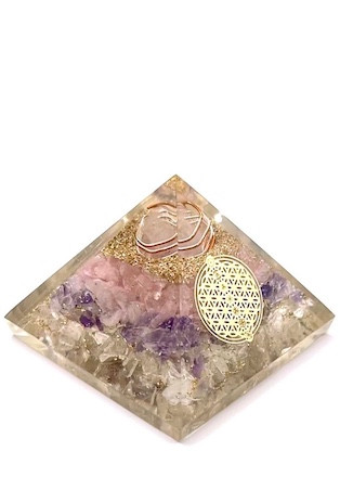 Orgonite Pyramid Amethyst & Rose Quartz
Assort Gold embossed symbol.
Approx 7.5cm / 8cm
Check our crystal page for Amethyst & Rose Quartz healing properties.
ORGONITE refers to a mix of crystals and or semi-precious gemstones, metals and resin in a combination that may balance out our life-energy. This natural Earth energy is considered the most powerful energy there is and the frequency it resonates is considered the “heartbeat” of our planet.

The organic materials absorb the vital, orgonic energy, while the non-organic materials disperse it back in all directions.

Crystals & precious gemstones are electrically charged by the resin, that contracts them. Hence, the powerful healing effects of the crystals are magnified in an orgone pyramid.

Benefits of Orgone Pyramids:

When placed in your work, living or sleeping space, the orgone pyramids have the ability to clean the energies in the room & protect the individuals from EMF radiation. Laboratory research shows that living body cells strengthen their immunity & reach optimal physical & psychological health.

This includes:

Help insomnia & improve sleep & vivid & pleasant dreams

Improves immunity & resistance to illness, enhances energy & overall wellness

Protection from EMF radiation caused by electronic devices

Create a peaceful environment by enhancing positive energies

Access deeper meditative states, strengthen visualisations & intentions

Project high vibrational energies the minimise stress

Assists in imbalances as if they know what one needs on a spiritual level.

There are many Orgone Pyramids for many uses.