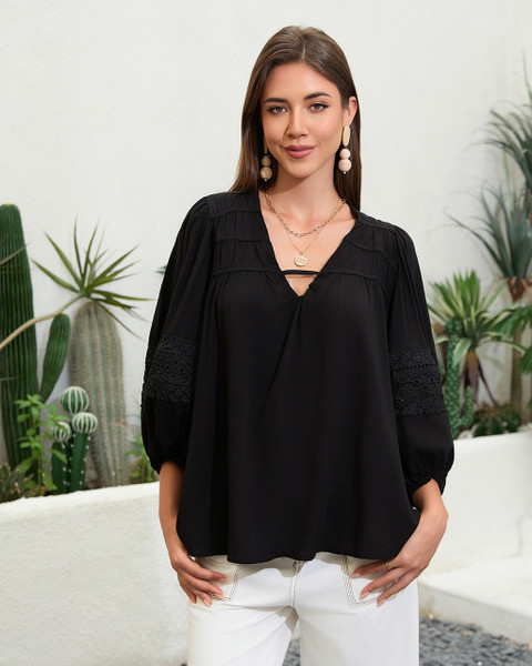 Boho Top Black
V-Neck Balloon Sleeves Lace Detailed Top
Deep V front with delicate strap accent
Voluminous long sleeves with lace panel detailing
Gathered yoke for soft drape and ease
Oversized, may want to size down
Fabric: 100% Rayon
