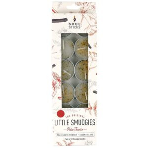 SMUDGE T-LITE CANDLE Palo Santo

Pack of 12 T-Lite Candles with Palo Santo Essential Oils & powder.
Burning time approx 4 hours
For centuries smudging (burning of botanicals) has been used for spiritual clearing, protection & blessings.
These little smudgies are perfect for smudging for up to 4 hours burn time.
Use to focus on meditation, aid relaxation or elevate your space with a sense of balance.
Inspired by the energy centers of the body.
Hand poured in India with 100% soy wax with blissful scents of pure essential oil blends.
