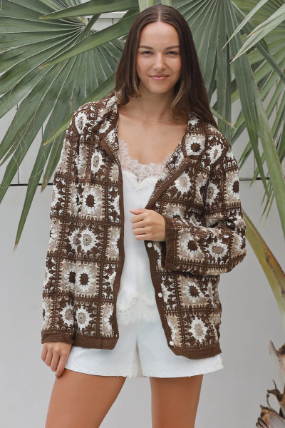 Willow Crotchet Button Cardi Chocolate
Button up front with a collar
Fits up to 14/16