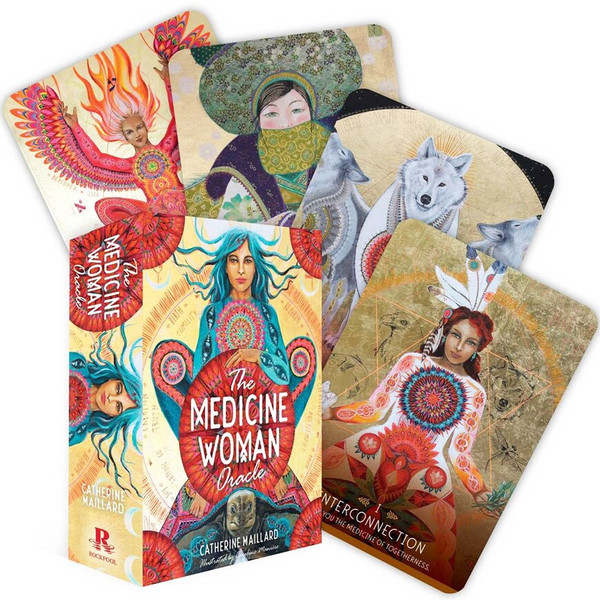 Oracle Cards Medicine Woman 

Mother Earth calls her daughters ... do you hear her song? Stemming from shamanic teachings, the traditions of the first peoples and ritual arts, this oracle, co-created by Catherine Maillard and the painter Caroline Maniere, offers you the Women's Medicine Way: discover the archetypes of the divine feminine, and the symbols of their indomitable strength, your gifts, your allies, and your powers, to restore the consciousness of the Great Goddess, and awaken you to the wisdom of Mother Earth. By venturing on this initiatory path, you will be able to explore your essence, reveal your talents, radiate your power, and manifest the great Dream of Pachamama. Women's circles, red tents, the International Council of Thirteen Indigenous Grandmothers, the magic of menstrual cycles, the return to sacred sexuality. In these times of great change, women are gathering in the desire of sisterhood, intending to reconnect with their true essence, reawaken their life force and change the world. Women are moving on the path from healing wounds to awakening the sacred feminine. More and more women are joining circles dedicated to them on issues such as maternity, ancestral wisdom and sexuality. Across the world, feminist activism continues, but a new underground women's movement is on the horizon, aligned with the values connected to women's true nature, and of awakening to a new awareness. In our era of deep change, the Awakening the Feminine collection aims to showcase female authors who are the leaders of this movement: facilitators of women's circles, founders of red tents, teachers of ancestral wisdom, menstrual cycle psychotherapists, art therapists and masters in the art of rituals, artists committed to the cause. At the crossroads of these fields - psychological, shamanic, spiritual and practical - this collection advances an international vision, and opens up singular and innovating possibilities for a world in which women may live more aligned with their deep nature.