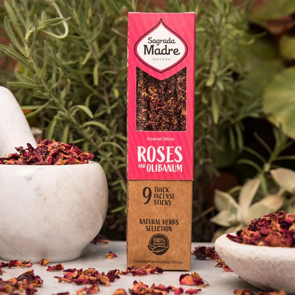 Herbal Incense – Roses & Frankincense
Herb Incense range by Sagrada Madre is made from herbs and resins rolled onto a stick with natural carbon, natural binder and salt. Each box contains 9 sticks that are 18cm long. Each stick burns for about 45 to 55 minutes.

Made in Argentina