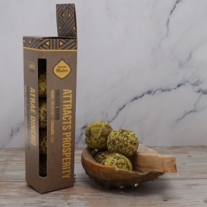 Smudge Incense Bombs Attracts Prosperity 
4 pack
Attracts Prosperity Smudge Bombs are carefully crafted with a purpose: to bring prosperity and love into your sacred space. Infused with Yagra, known for its abundance-enhancing properties, and Cinnamon, which adds a touch of warmth and love, these smudge bombs are a potent addition to your spiritual rituals. Made from a fruit-based biomass, they are not only vegan and eco-friendly but also offer a pure and sustainable way to refresh and cleanse your environment.

Ingredients: Yagra, a powerful herb associated with prosperity, Cinnamon for love and connection, and a fruit-based biomass for a natural and sustainable base.

Burn Time: Each bomb provides a satisfying burn time of approximately 5-10 minutes.
