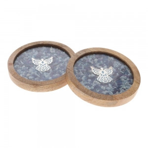 Coaster Angel Angelite and Amethyst 
2pk Coasters 10cm
Crafted with stone chips, glass with wood frame.