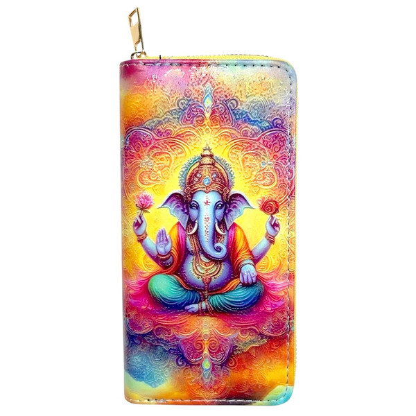  Large Digital Print Purse Ganesh
12 card holder
Coin with zip enclosure
3 note compartments
Zip enclosure
Dimensions: 19cm x 9.5cm x 2.5cm