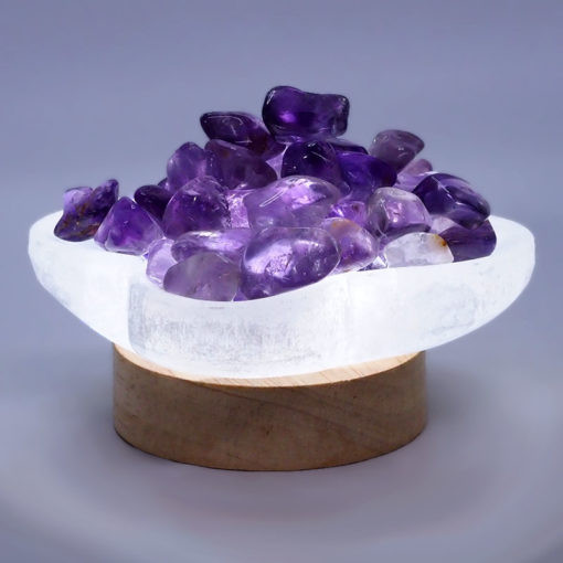Selenite Letters Fire Bowl With Amethyst
Rough pieces on Small LED Base

This purchase includes
– 1x Selenite Letters Bowl (10cm x 8cm x 2.5cm)
– 1x 250g Rainbow Fluorite
– 1x LED Light Timber Base with USB Cable – Small
– 1x 240V adapter

It can be powered by any device USB port or power point.

Simply place the Selenite bowl on the timber base.

The LED light base provides 3 Colour light mode
– Cool White Light
– Warm Light
– Natural Light

On/Off switch is attached at the cable and 8 level brightness adjustable, great for different light demands.

Timber Base Size: 7cm x 7cm x 2cm
Total Weight: 0.28kg
