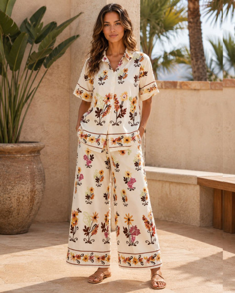 Mutig Shirt & Pant Set
Simply stunning with floral print
Button up sleeves if desired
Pants have wide elastic waistband
2 side pockets
wide legs
low sides
60% Viscose
40% linen