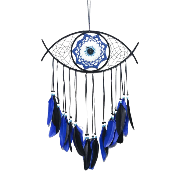 Dream Catcher Eye Blue Black
36 cm wide x 28cm long
Elevate your living space with our Handmade Macrame Blue Evil Eye Dream Catcher. This exquisite feather wall art doubles as a home decoration and a good luck charm. Intricately crafted by skilled artisans, this dream catcher features a mesmerizing macrame design with a captivating blue evil eye at its center. Hang it in your bedroom, living room, or any space to enhance positive energy and protect against negativity. With its unique beauty and symbolic significance, our Handmade Macrame Blue Evil Eye Dream Catcher is a must-have for those seeking a touch of spirituality and stylish decor.