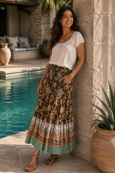 Zen Garden Kimiko Skirt Desert Light
Cool & comfy
Shirring waist with a tie
Layered bodice
100% rayon