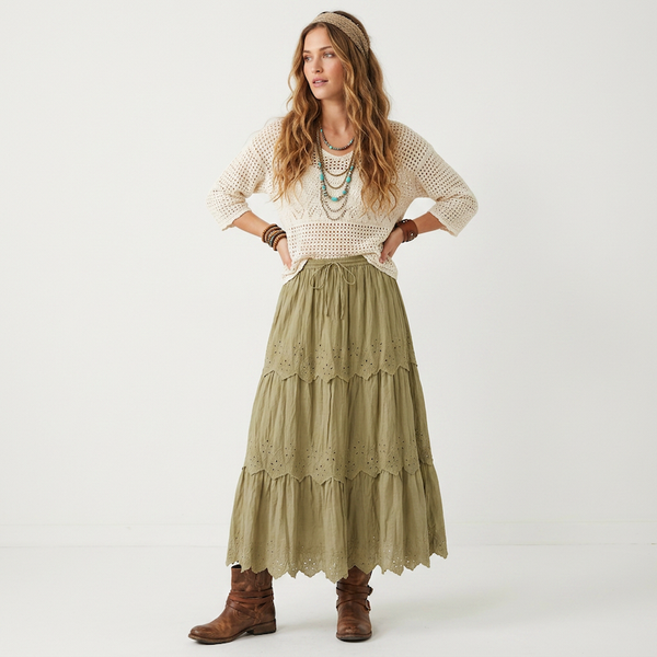 3 Panel Lace Cotton Maxi Skirt Sage

Beautifully feminine and easy to wear, this 3 tier lace cotton maxi skirt features delicate lace detailing and a comfortable stretchy waistband for the perfect fit. 
Made from 100% cotton, it falls to an approximate length of 94cm (approx) creating a flowing, flattering silhouette. 