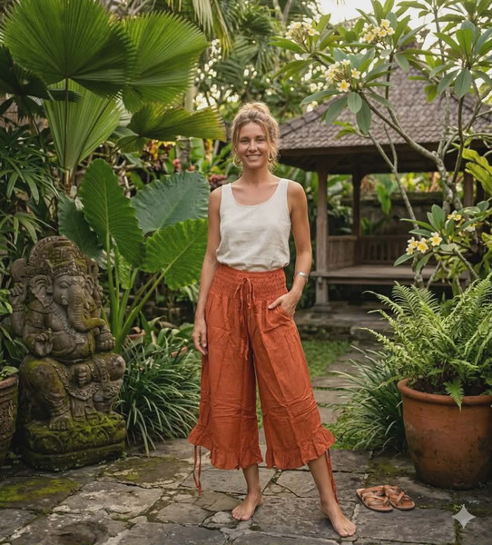 3/4 length Plain Pant Rust
Free Size  
Frill with drawstring
2 Pocket.
