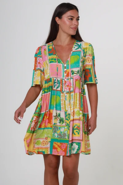 Dreamcatcher Grellow Dress
Button up from drawstring waist
Neck tye
Features ladder lace
Material: 100% Bamboo Rayon 

Please Note: The placement of the pattern may vary from style to style, making each piece unique.

Breathable Fabric, soft and comfortable
Strong and extremely absorbent.
Soft and comfortable.
Drapes well and does not have a problem with static.
Made in a variety of qualities and weights and can be made to resemble natural fabrics.
Can wrinkle easily.
Shrink by 5-10% after wash.
Cut oversize to allow for shrinkage (After shrinkage, the garments fall into the appropriate size ranges)

Hand washing is best for washable rayon garments.
It may shrink, stretch, and possibly bleed dyes all over from being washed in hot water in a washing machine or dried in a dryer
Rayon does not melt but burns at high temperatures.
Most of the washable rayon garments today are labeled "hand wash, cool water, drip dry or dry flat". This is important to follow because when rayon is wet, it loses 30% to 50% of its strength.