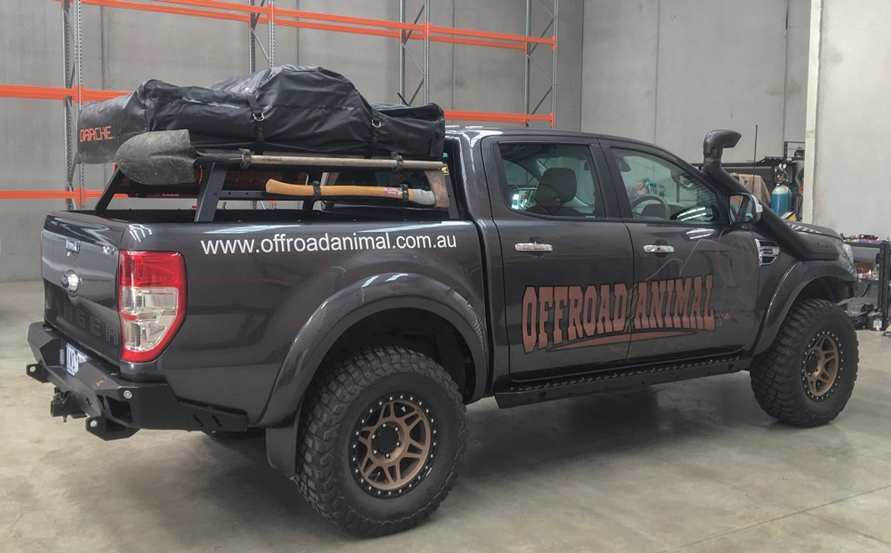 Offroad Animal Tub Rack fitted with Roof top tent, maxtrax, shovel and axe