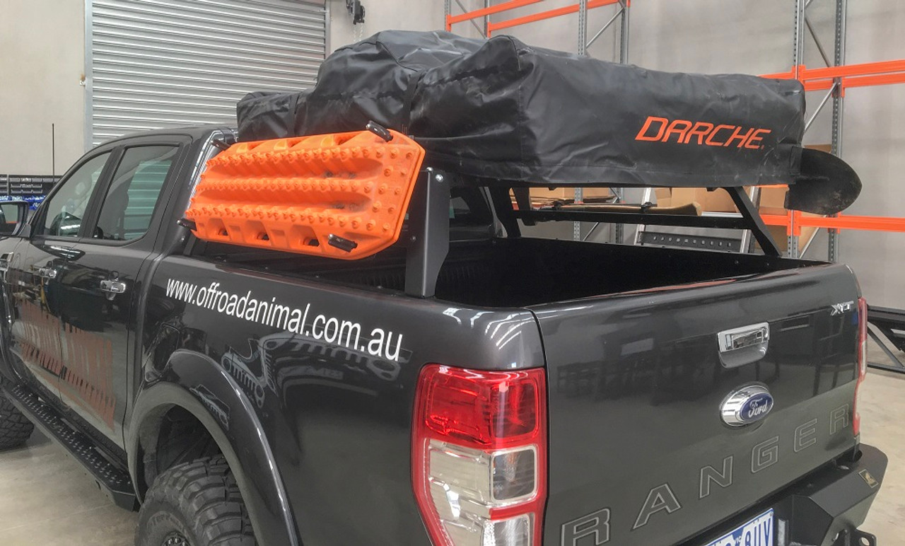 Offroad Animal Tub Rack fitted with Roof top tent, maxtrax, shovel and axe