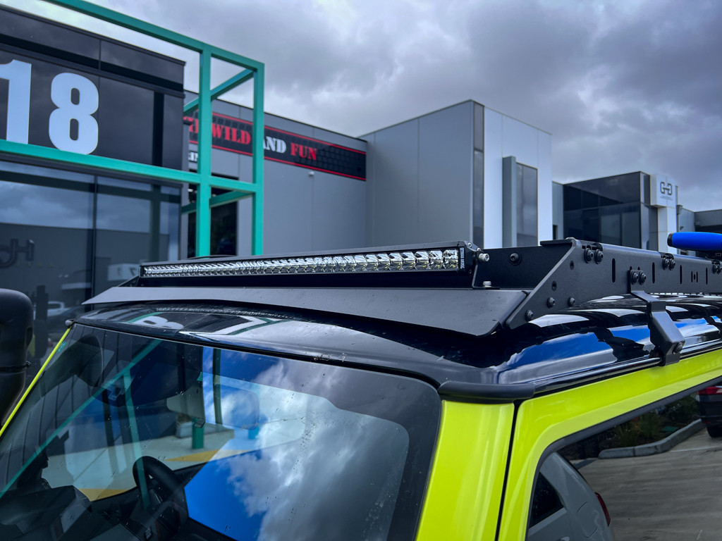 Jimny Roof rack with optional light bar and light bar wind deflector