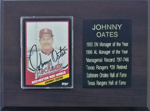 Johnny Oates Rochester Red Wings Autographed Card and Engraved Plate on 6x8 Plaque