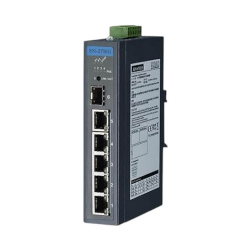 Advantech EKI-2706G-1GFPI Unmanaged PoE Ethernet Switch, 4x Gigabit PoE RJ45, 1x Gigabit RJ45, 1x Gigabit SFP