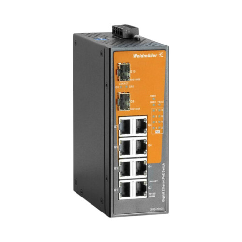 Weidmuller IE-SW-EL10 Industrial PoE+ Switch, 10-Port Gigabit, 8x RJ45 & 2x SFP, Unmanaged, DIN Rail Mount