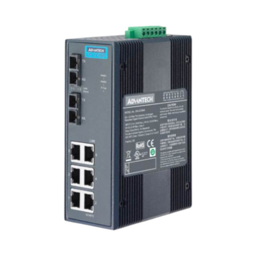 Advantech EKI-2728M Unmanaged Industrial Ethernet Switch, 6x Gigabit RJ45, 2x Multi-Mode SC Fiber, 12-48V DC