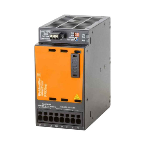Weidmuller PRO TOP3 DIN Rail Power Supply, 24VDC, 20A, 320-575V AC 3-Phase Input, 480W, Push-In Connection