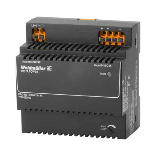 Weidmuller PRO INSTA DIN Rail Mount Power Supply, 24V DC, 4A, 85-264V AC Input, 96W, Screw Connection