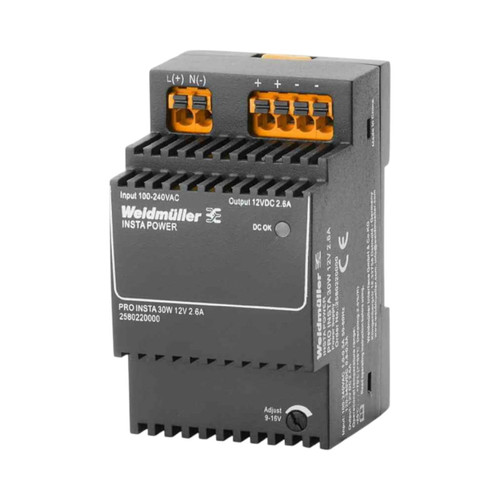 Weidmuller PRO INSTA DIN Rail Mount Power Supply, 12V DC, 2.6A, 85-264V AC Input, 30W, Screw Connection