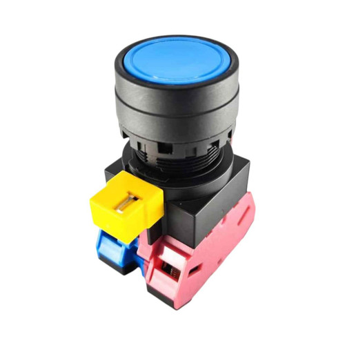 IDEC HW1B Pushbutton Switch, 22mm, Momentary, 1NO 1NC, Blue, Flush, 10A, Screw Terminals, Plastic Bezel