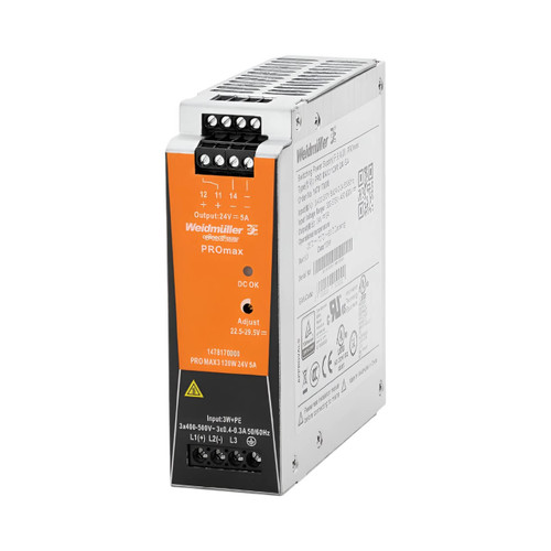 Weidmuller PRO MAX DIN Rail Power Supply, Three-Phase Input, 24V DC Output, 120W, 5A