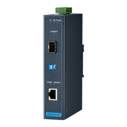 Advantech EKI-2741FI Industrial Gigabit Media Converter, SC Fiber, Single-Mode, 10/100/1000TX to 1000FX
