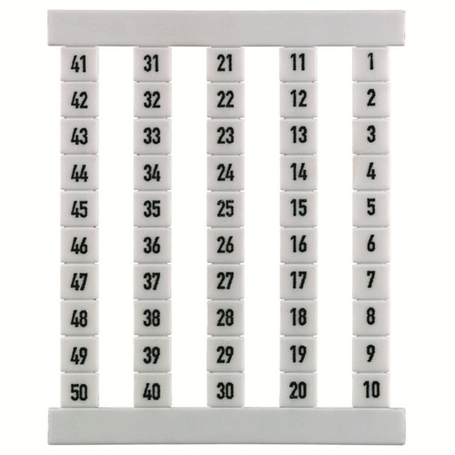 Weidmuller DEK 5 FS Terminal Marker, 5x5mm, White, Snap-On for Terminal Blocks, Numbered 1-50, Vertical