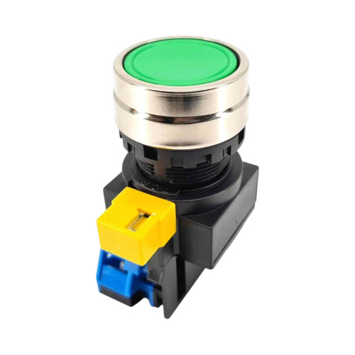 IDEC HW4B 22mm Flush Pushbutton, Green, Momentary, 1NO Contact, Metal Bezel