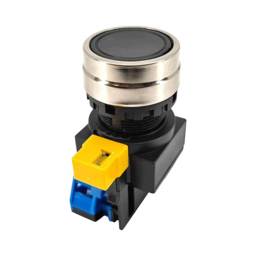 IDEC HW4B 22mm Flush Pushbutton, Black, Momentary, 1NO Contact, Metal Bezel