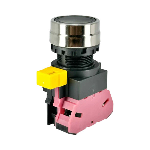 IDEC HW4B 22mm Flush Pushbutton, Black, Momentary, 1NC Contact, Metal Bezel