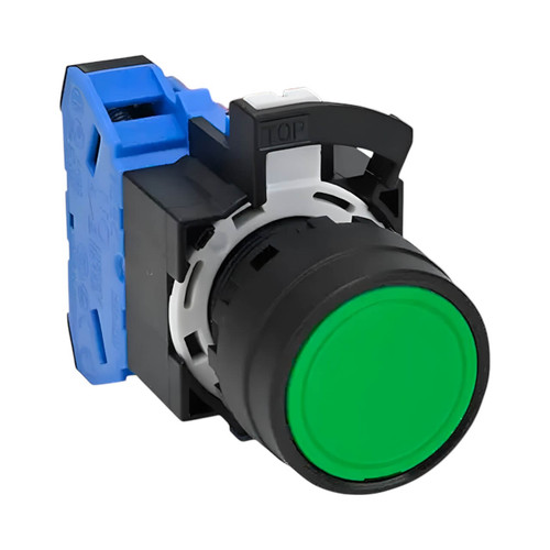 IDEC HW1B 22mm Flush Pushbutton, Green, Momentary, 1NO, Round, Plastic Bezel