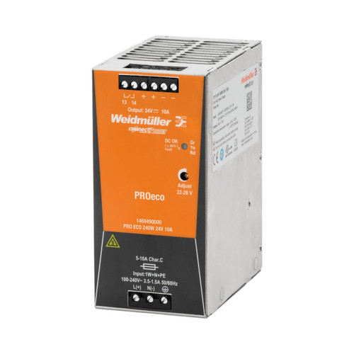 Weidmuller PRO ECO DIN Rail Power Supply, 85-264V AC/80-370V DC Input, 24V DC Output, 240W, 10A