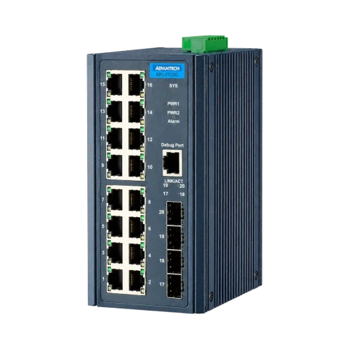 Advantech EKI-2720G 16-Port GbE, 4-Port SFP Unmanaged Industrial Ethernet Switch, Dual 12-48V DC