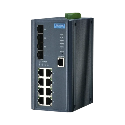 Advantech EKI-7712G-4F Managed Ethernet Switch, 8-Port Gigabit + 4-Port SFP, 12-48V DC