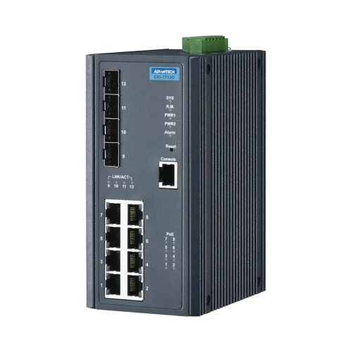 Advantech EKI-7712G-4FPI Managed Ethernet Switch, 8-Port Gigabit PoE + 4-Port SFP