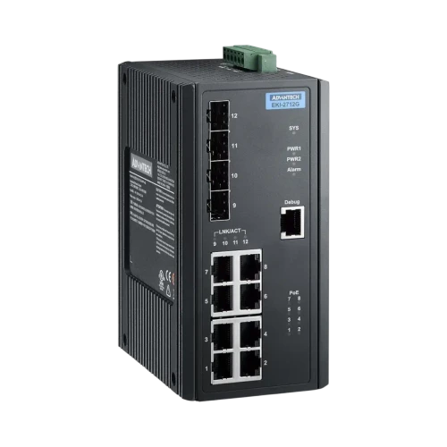 Advantech EKI-2712G-4FPI Unmanaged Ethernet Switch, 8-Port Gigabit PoE + 4-Port SFP