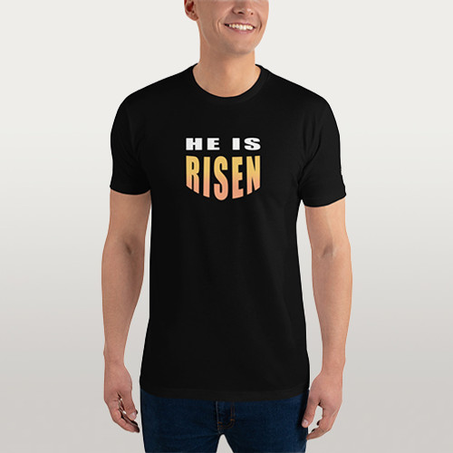 He Is Risen, t-shirt, model front, black, Easter gifts, Resurrection gifts